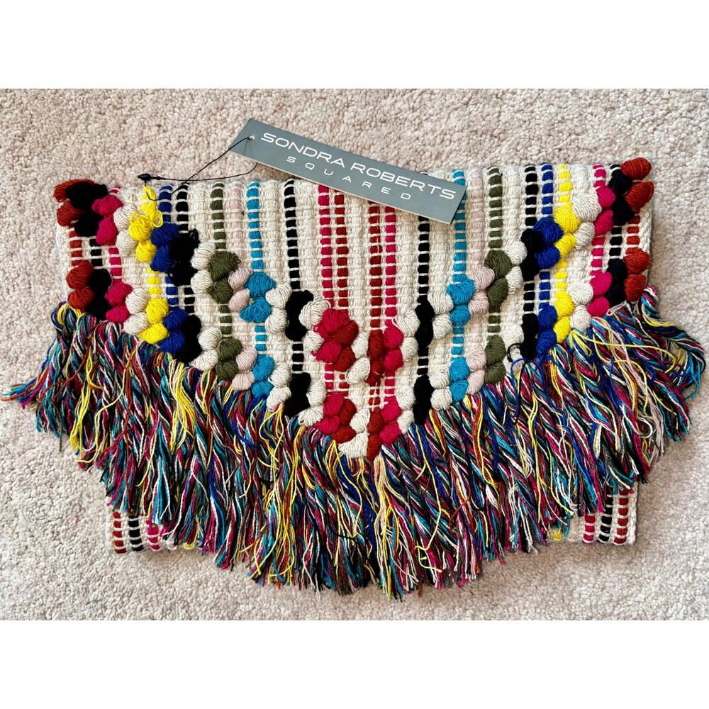 NWT Sondra Roberts Squared Fringe BoHo Envelope Purse Woven Bagette Clutch